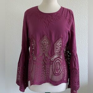 Anthropologie Chloe Oliver Embroidered Eyelet Blouse Top Sz M Bell Sleeve Boho